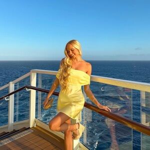 Beginning Boutique Primrose Yellow Satin Off the Shoulder Mini Dress